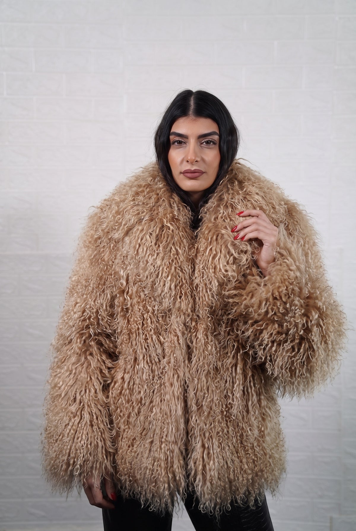 Mongolian jacket light brown wool sheepskin collar button closure hip level women — front view, TatiFurs
