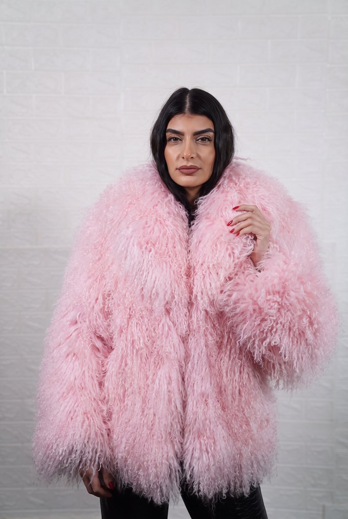 Mongolian jacket pink wool sheepskin collar button closure hip level women — front view, TatiFurs