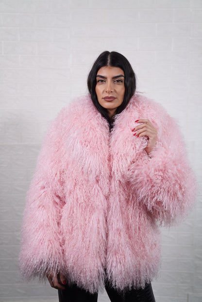 Mongolian jacket pink wool sheepskin collar button closure hip level women — front view, TatiFurs