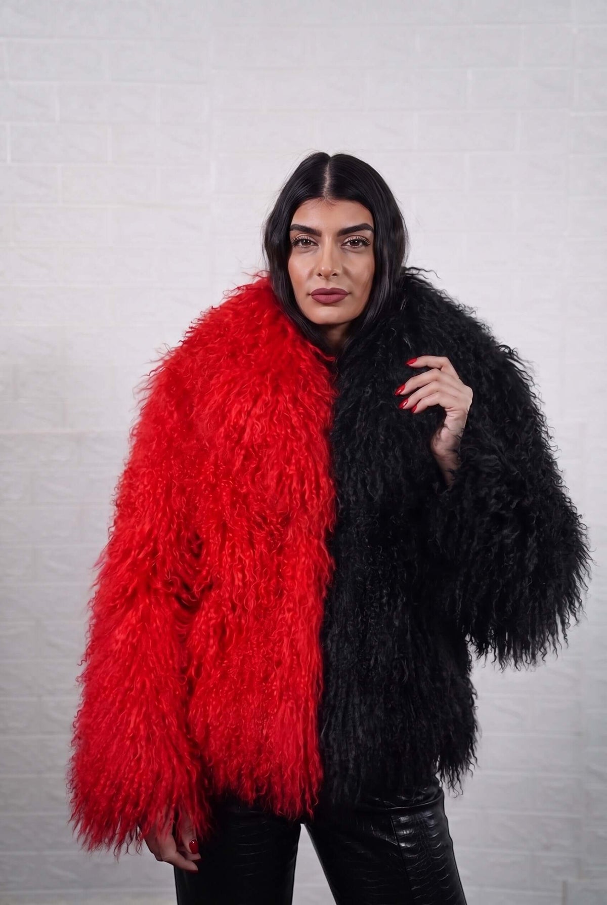 Mongolian jacket red black wool sheepskin collar button closure hip level women — front view, TatiFurs