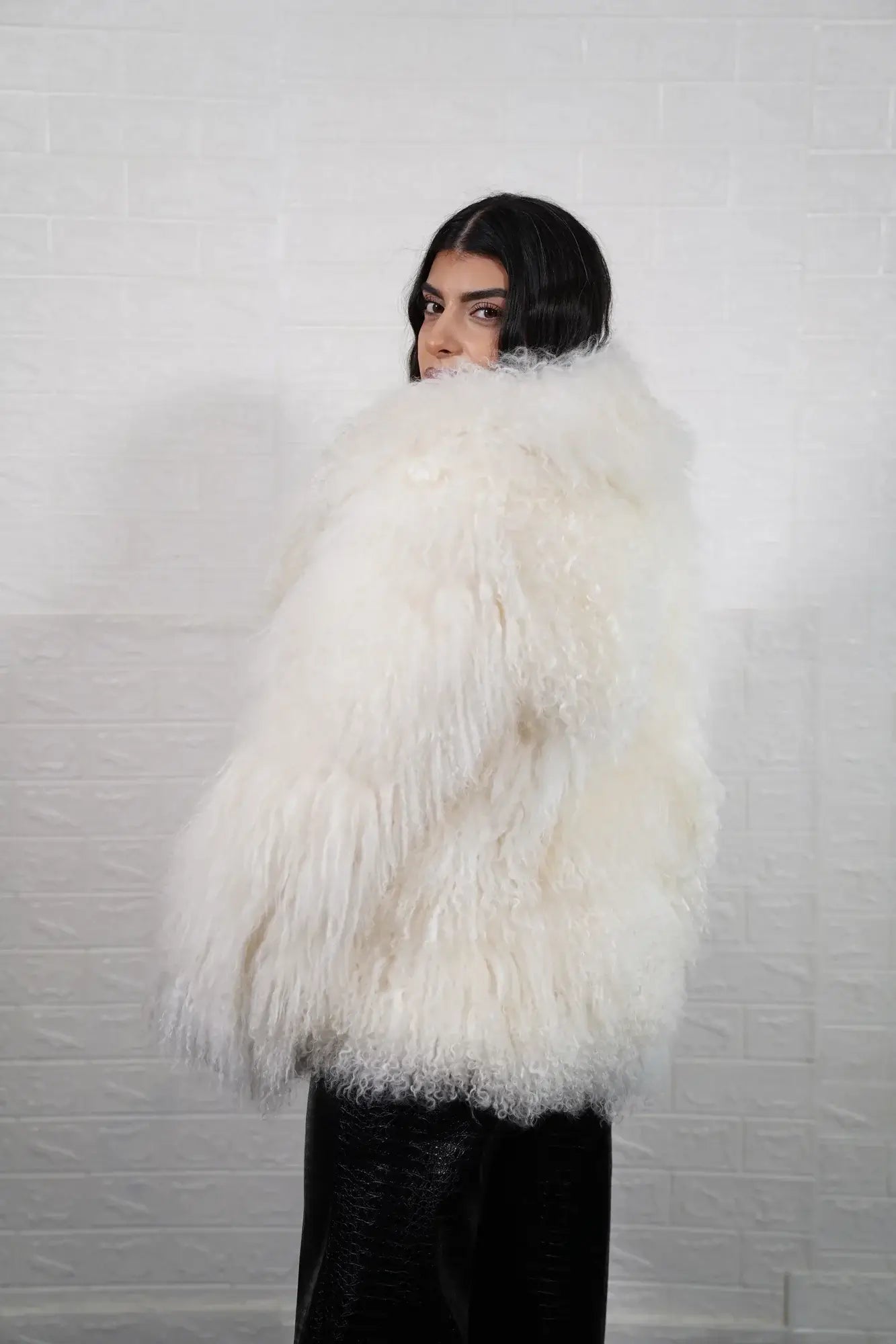 Mongolian jacket white displaying pure white sheepskin leather exterior and hip level collar silhouette — Greek craftsmanship, TatiFurs

