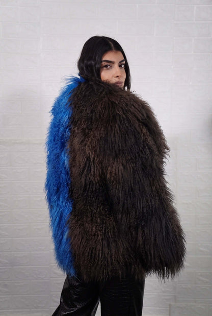 Mongolian jacket dark brown blue women three-quarter view displaying collar frame and voluminous deep chocolate brown with vivid cobalt blue Mongolian wool sheepskin — Greek craftsmanship, TatiFurs