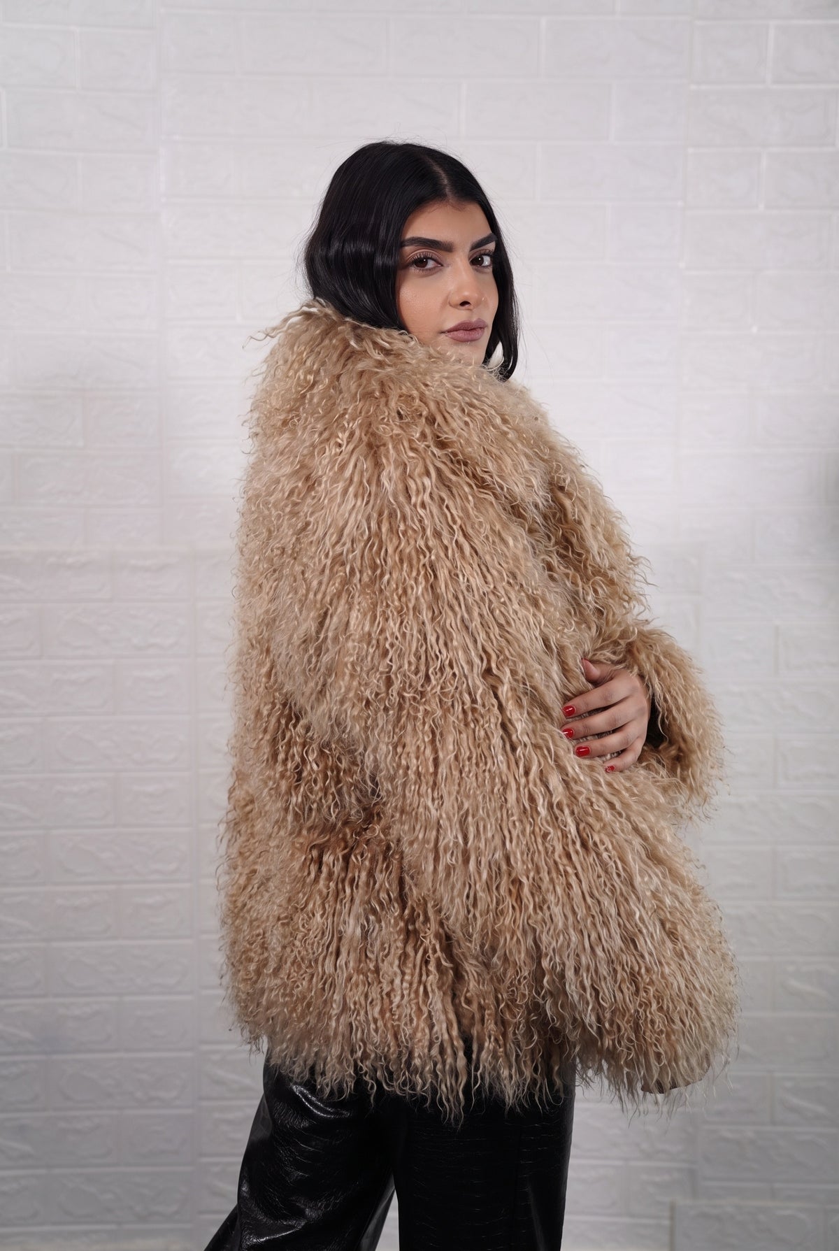 Mongolian jacket light brown women three-quarter view displaying collar frame and voluminous warm honey light brown Mongolian wool sheepskin — Greek craftsmanship, TatiFurs