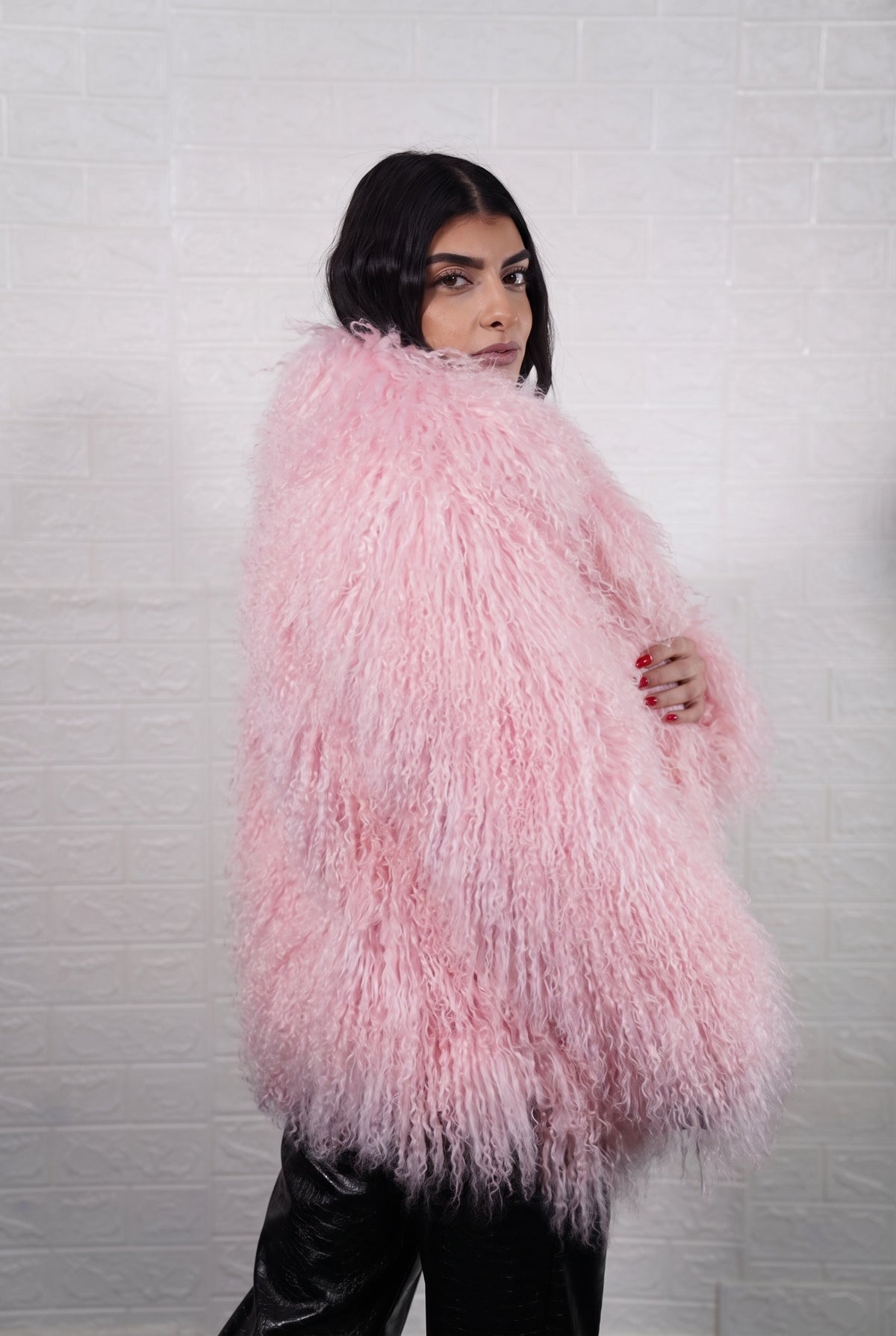 Mongolian jacket pink women three-quarter view displaying collar frame and voluminous soft blush pink Mongolian wool sheepskin — Greek craftsmanship, TatiFurs