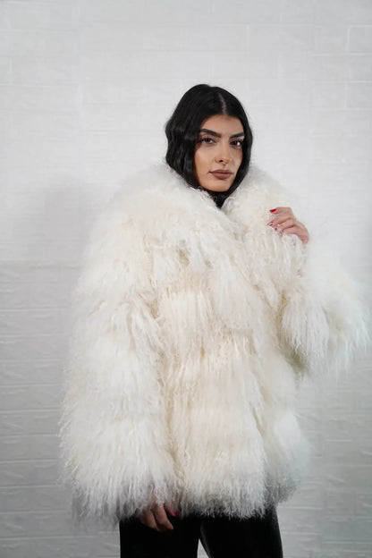 Mongolian jacket white close-up texture showing white sheepskin leather exterior and natural wool lining quality — Greek craftsmanship, TatiFurs
