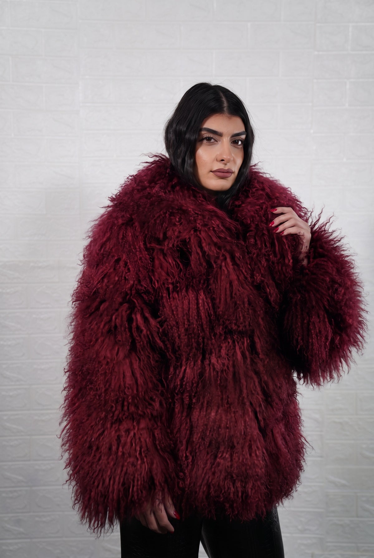 Mongolian jacket burgundy women shown from the front displaying collar frame and button closure in deep wine burgundy Mongolian wool sheepskin — Greek craftsmanship, TatiFurs