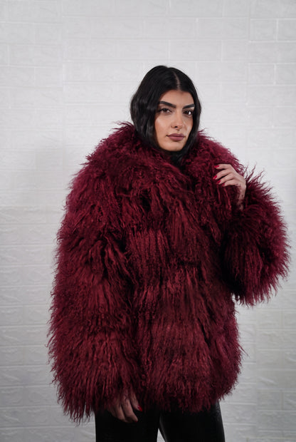 Mongolian jacket burgundy women shown from the front displaying collar frame and button closure in deep wine burgundy Mongolian wool sheepskin — Greek craftsmanship, TatiFurs