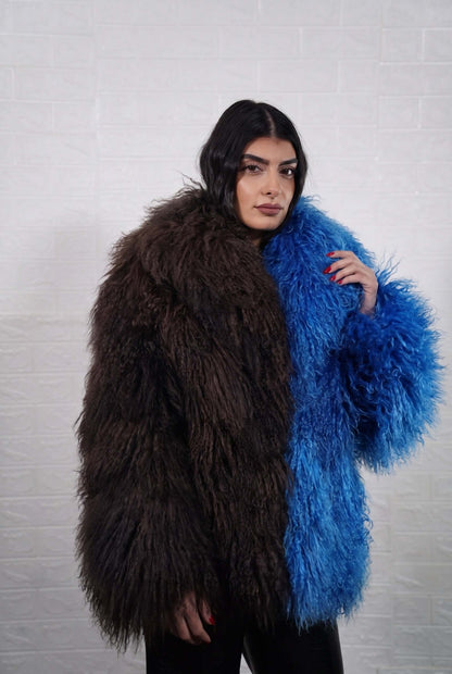 Mongolian jacket dark brown blue women shown from the front displaying collar frame and button closure in deep chocolate brown with vivid cobalt blue Mongolian wool sheepskin — Greek craftsmanship, TatiFurs