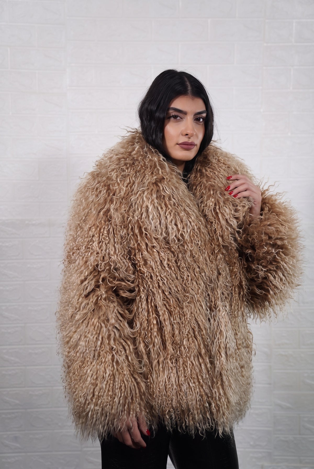 Mongolian jacket light brown women shown from the front displaying collar frame and button closure in warm honey light brown Mongolian wool sheepskin — Greek craftsmanship, TatiFurs