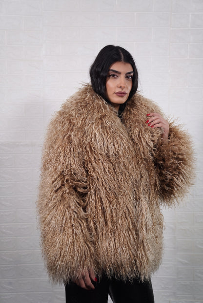 Mongolian jacket light brown women shown from the front displaying collar frame and button closure in warm honey light brown Mongolian wool sheepskin — Greek craftsmanship, TatiFurs