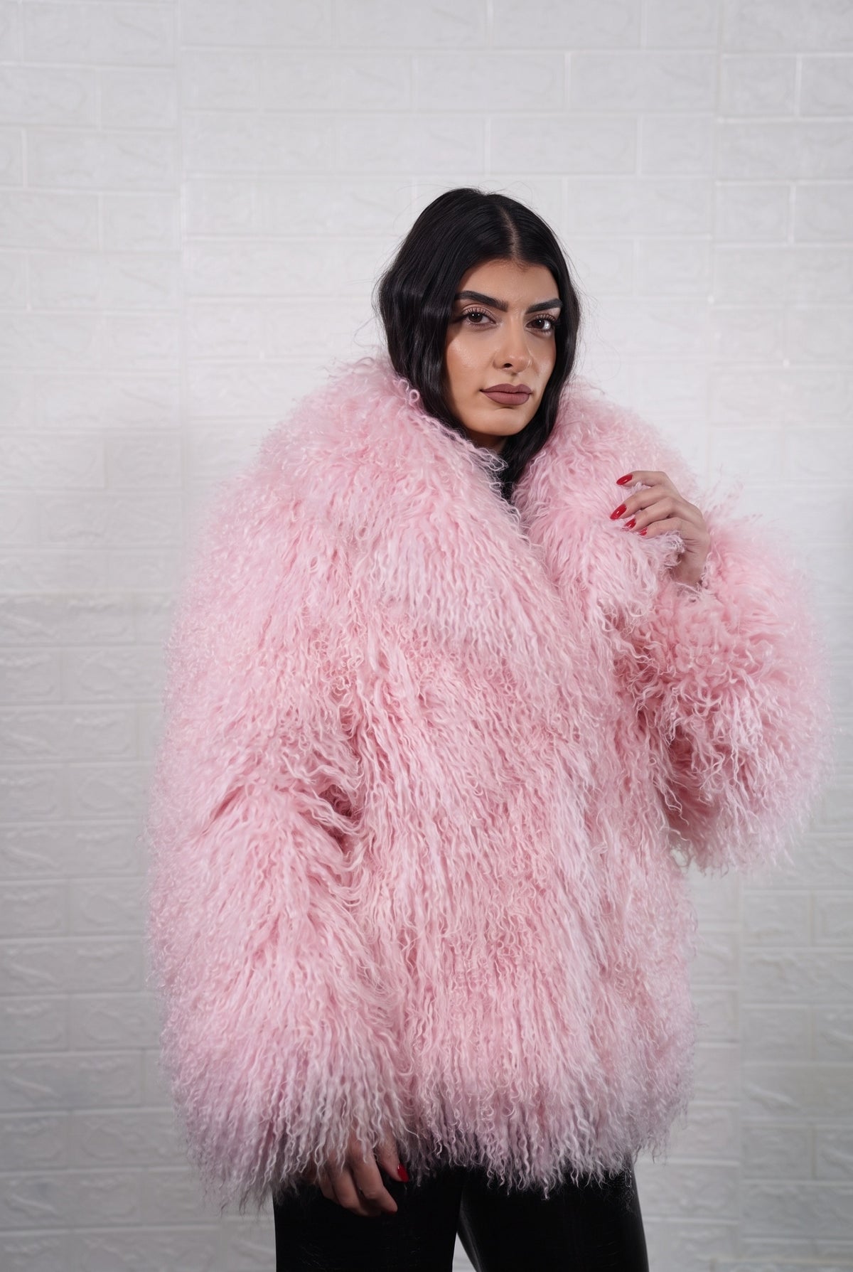 Mongolian jacket pink women shown from the front displaying collar frame and button closure in soft blush pink Mongolian wool sheepskin — Greek craftsmanship, TatiFurs