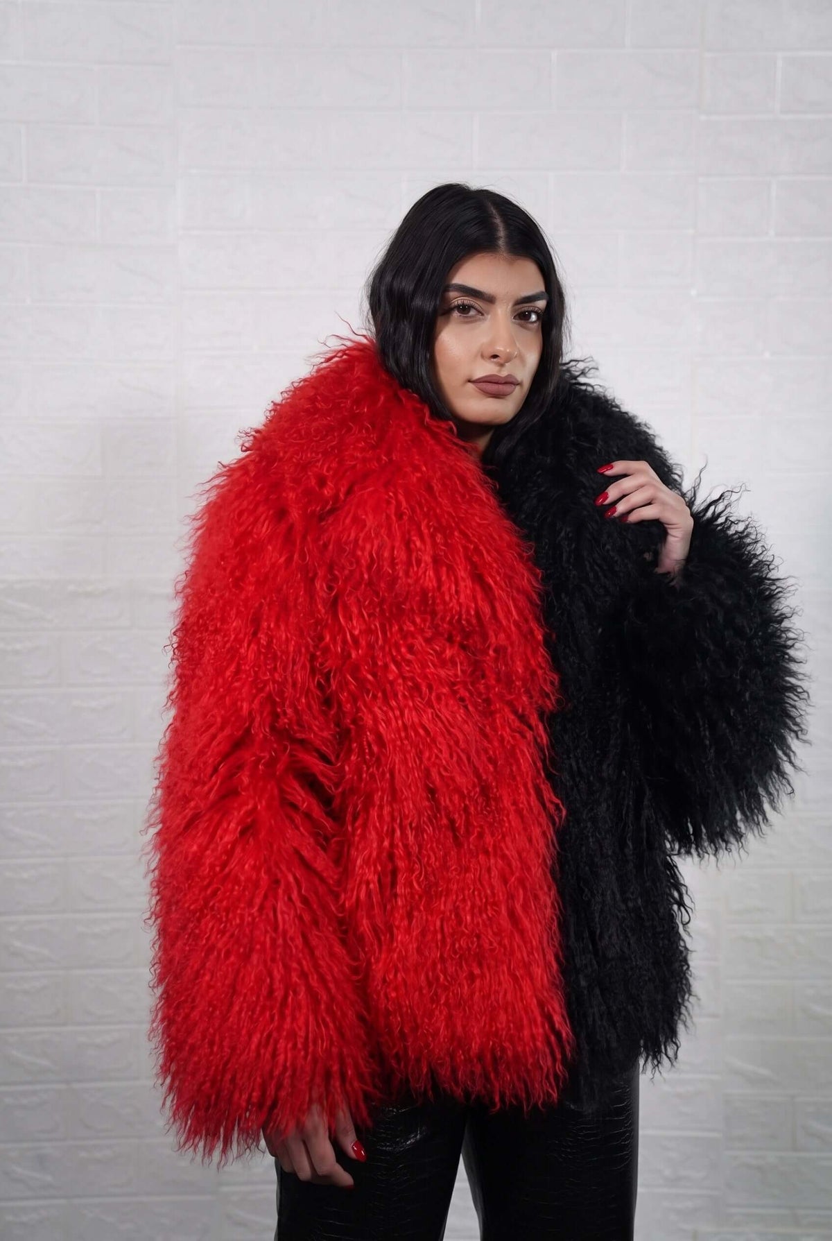 Mongolian jacket red black women shown from the front displaying collar frame and button closure in bold scarlet red with jet black Mongolian wool sheepskin — Greek craftsmanship, TatiFurs