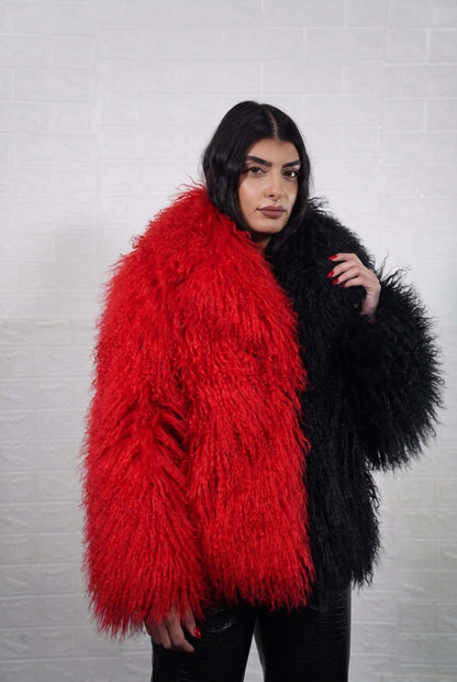 Mongolian jacket red black women shown from the front displaying collar frame and button closure in bold scarlet red with jet black Mongolian wool sheepskin — Greek craftsmanship, TatiFurs