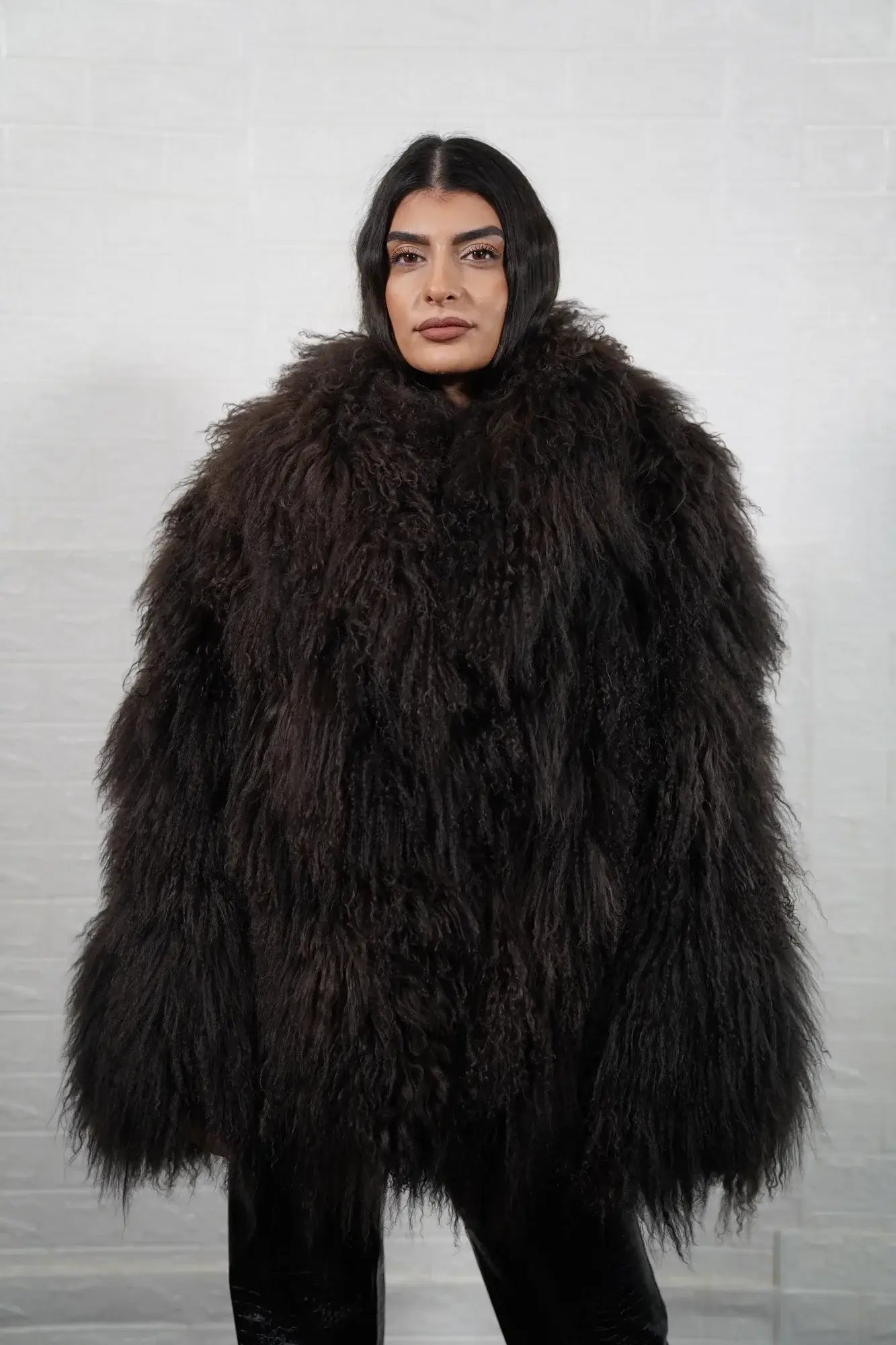 Mongolian jacket brown wool sheepskin collar button closure hip level women — front view, TatiFurs
