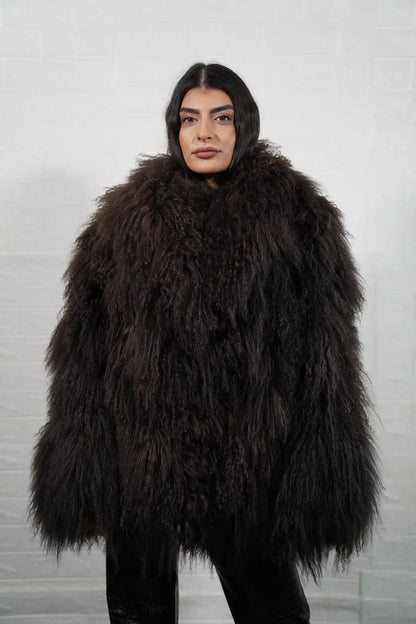 Mongolian jacket brown wool sheepskin collar button closure hip level women — front view, TatiFurs
