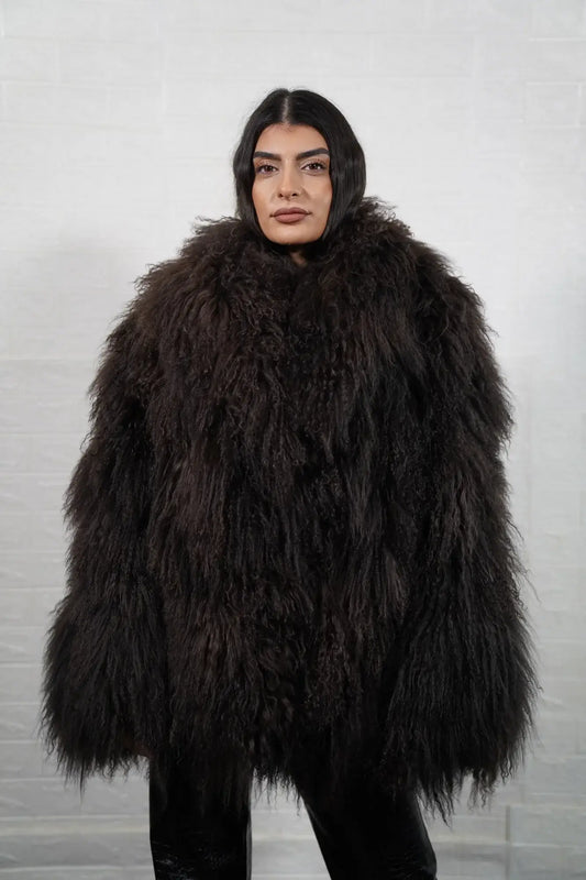 Mongolian jacket brown wool sheepskin collar button closure hip level women — front view, TatiFurs
