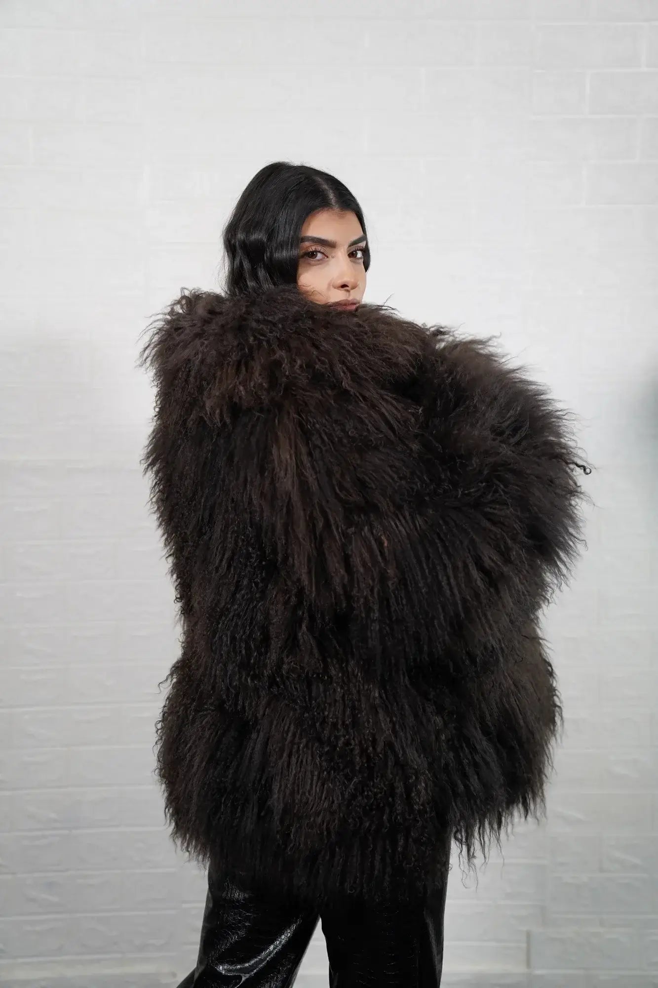 Mongolian jacket brown women shown full length from front displaying collar frame and button closure in deep warm brown Mongolian wool sheepskin — Greek craftsmanship, TatiFurs

