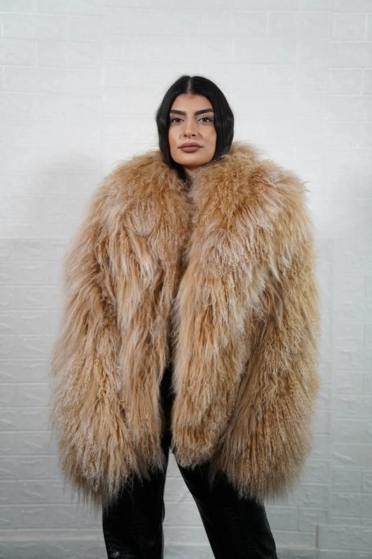 Mongolian jacket camel brown wool sheepskin collar button closure hip level women — front view, TatiFurs
