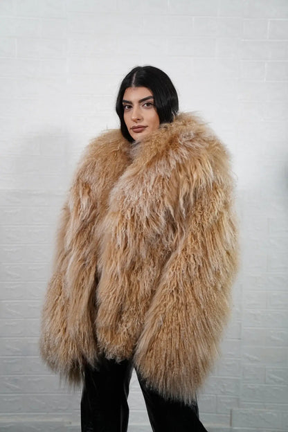 Mongolian jacket camel brown displaying warm radiant camel brown sheepskin leather exterior and hip level collar silhouette — Greek craftsmanship, TatiFurs
