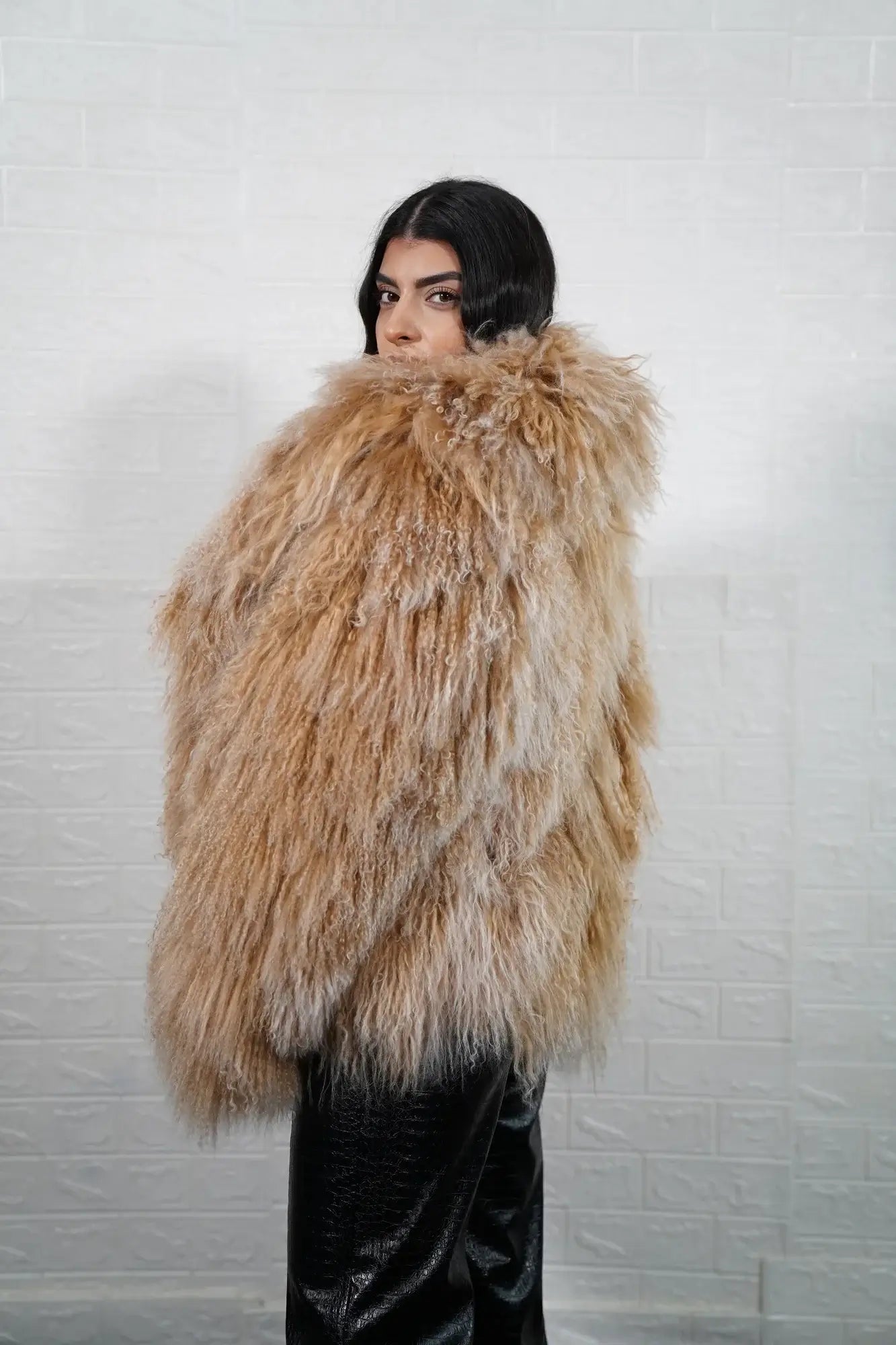 Mongolian jacket camel brown women shown full length from front displaying collar frame and button closure in warm camel brown Mongolian wool sheepskin — Greek craftsmanship, TatiFurs
