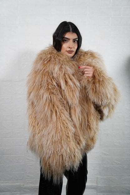 Mongolian jacket camel brown shown from the back displaying full hip level silhouette and consistent warm camel brown Mongolian sheepskin surface — Greek craftsmanship, TatiFurs
