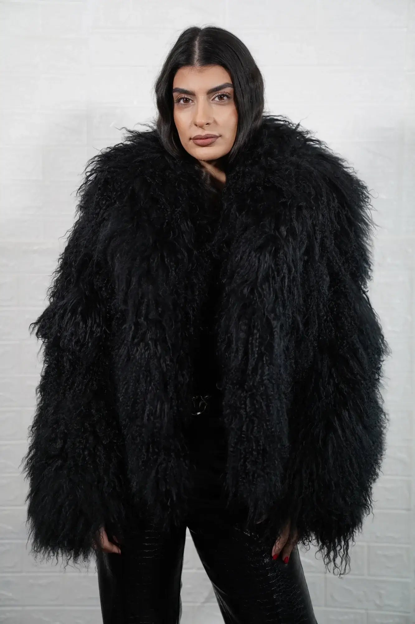 Mongolian jacket black wool sheepskin collar button closure hip level women — front view, TatiFurs
