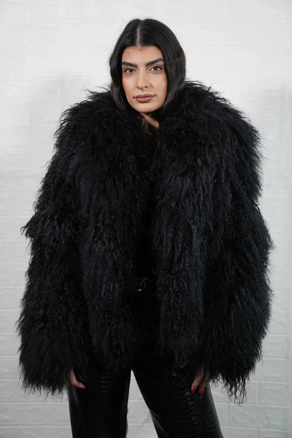 Mongolian jacket black wool sheepskin collar button closure hip level women — front view, TatiFurs
