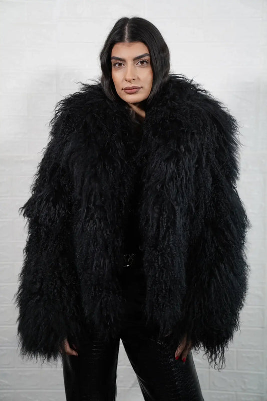 Mongolian jacket black wool sheepskin collar button closure hip level women — front view, TatiFurs
