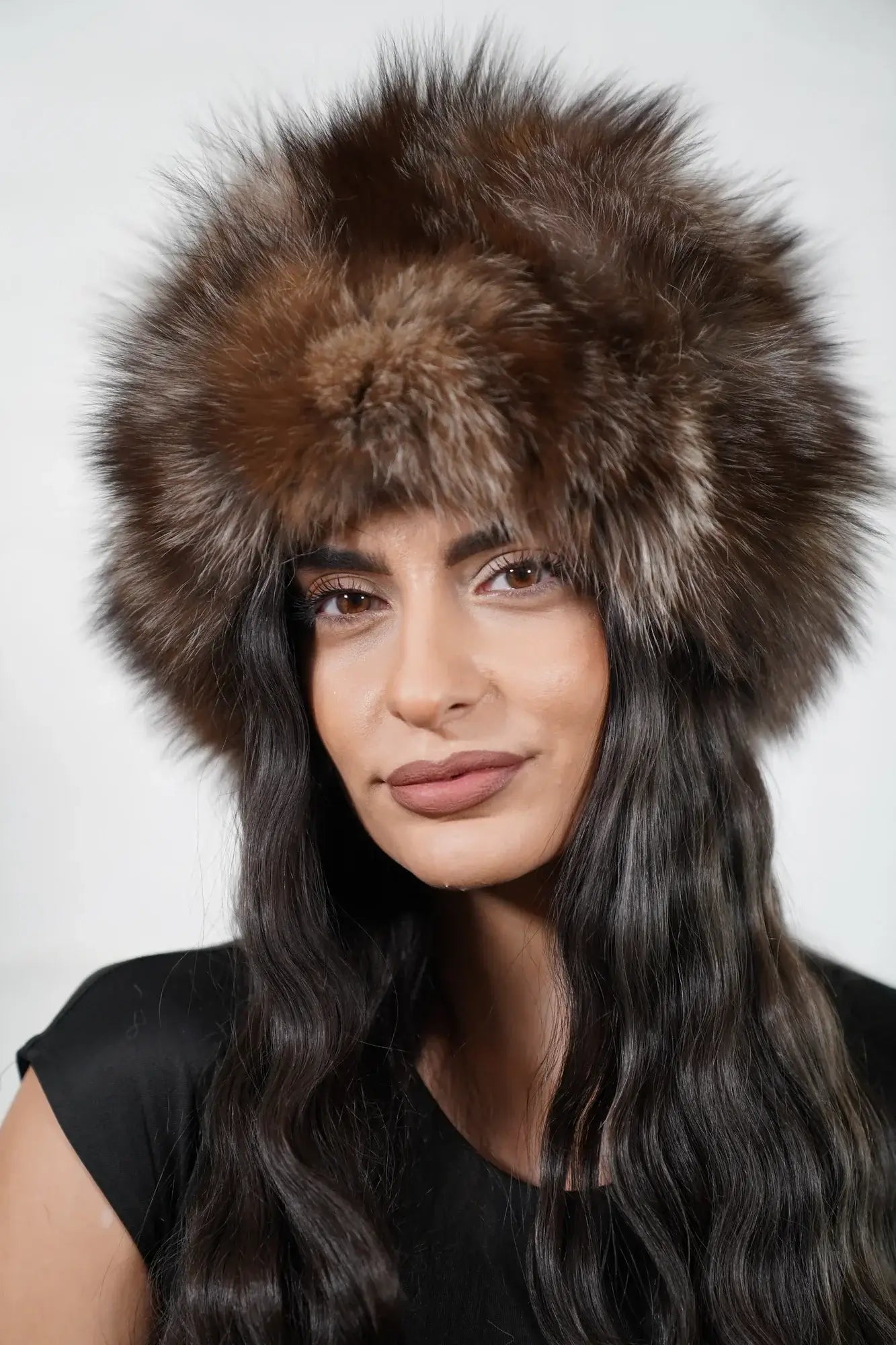Fox fur hat natural crystal close-up texture showing natural crystal fox pile depth and warm brown root to cool silver tip tonal variation — Greek craftsmanship, TatiFurs
