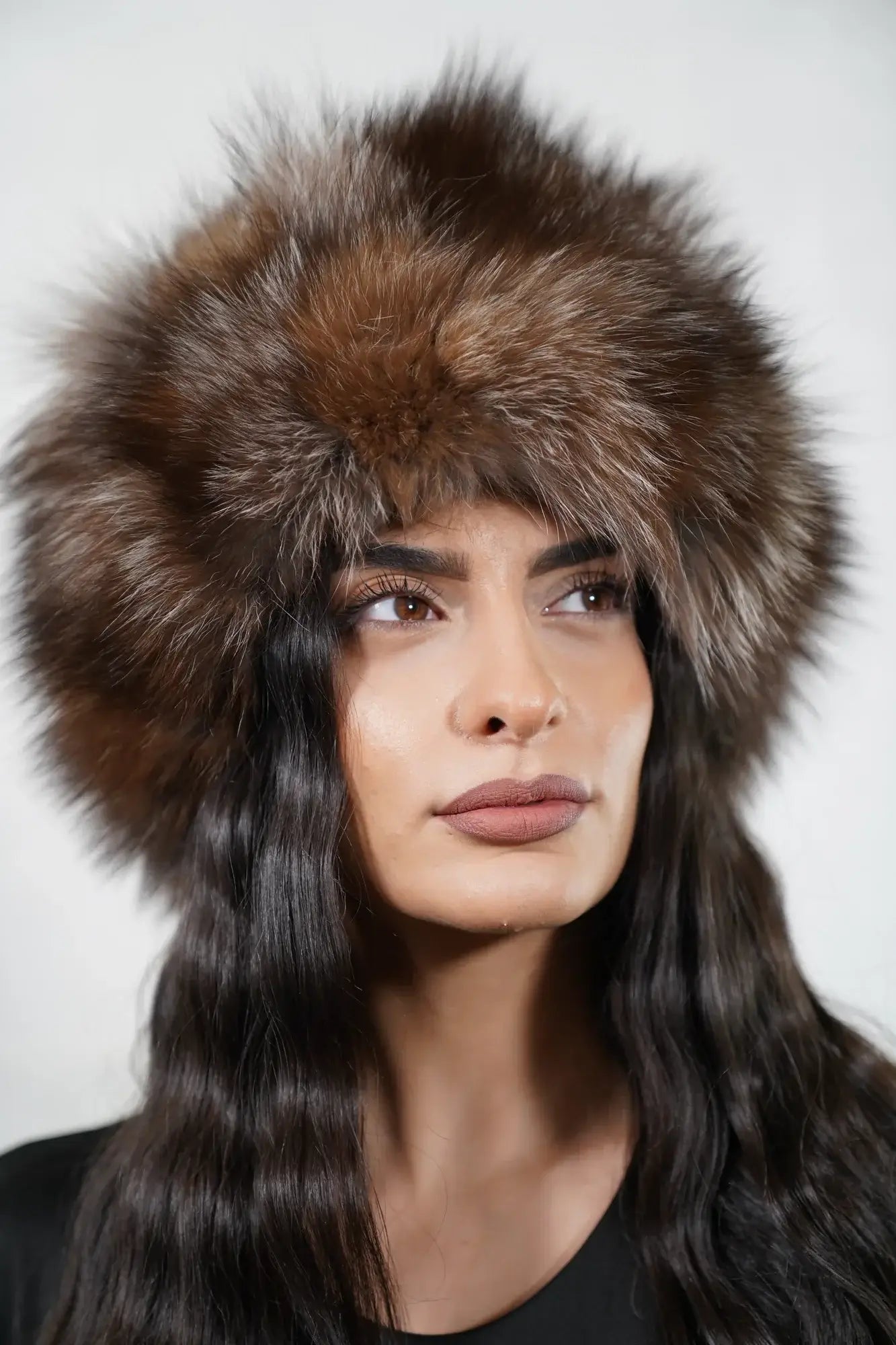 Fox fur hat natural crystal adjustable women — front view worn, TatiFurs
