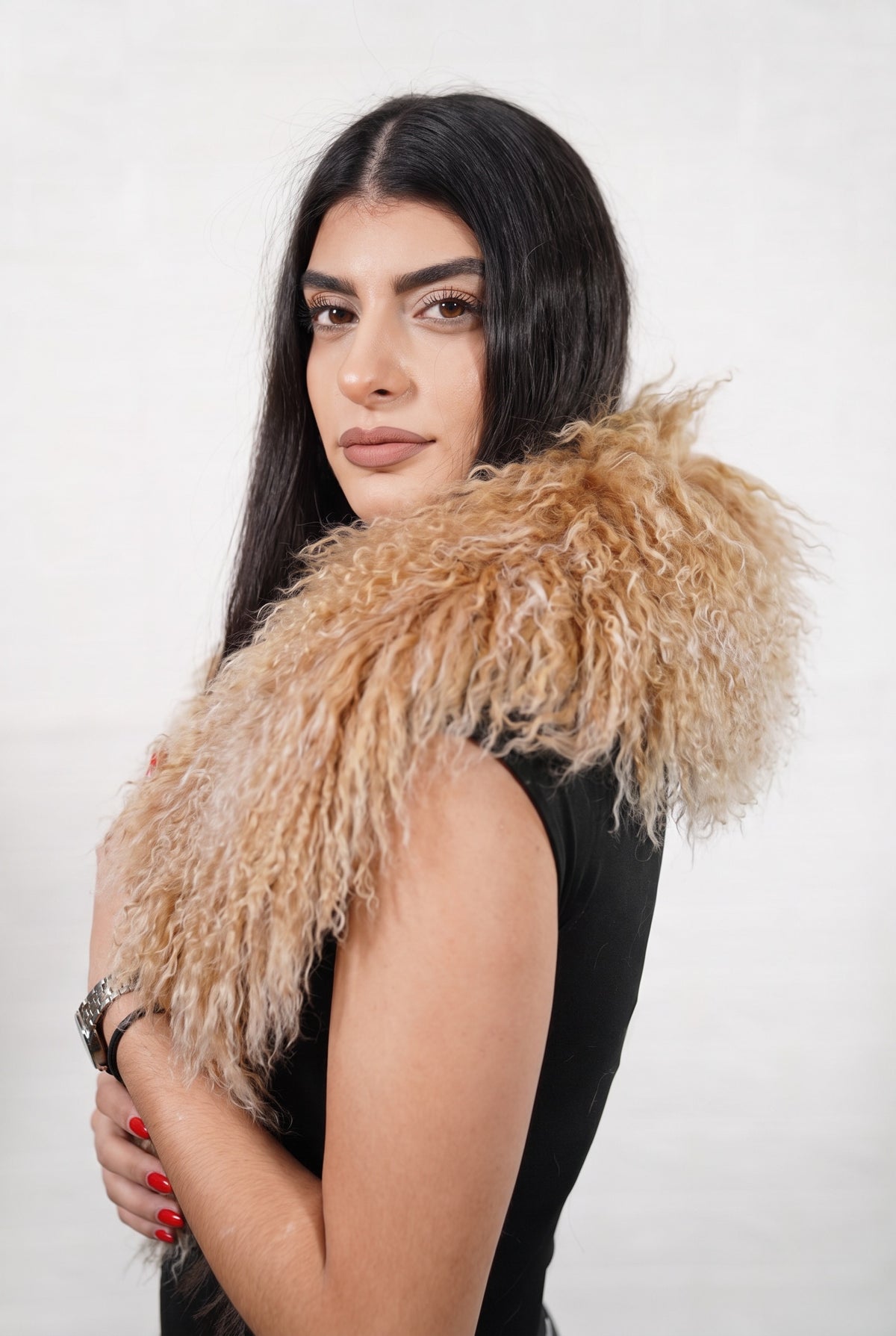 Mongolian Sheepskin Collar Camel — Curly Lamb Fur three-quarter view over the shoulder, volume of the warm natural camel Mongolian lamb curls around the neck — handmade in Greece, TatiFurs