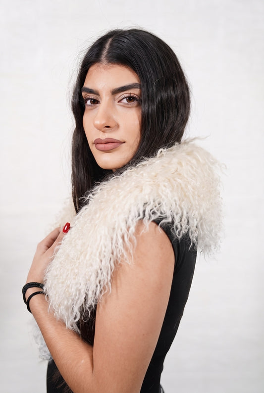 Mongolian Sheepskin Collar Cream — Curly Lamb Fur three-quarter view over the shoulder, volume of the soft cream ivory Mongolian lamb curls around the neck — handmade in Greece, TatiFurs