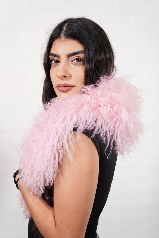 Mongolian Sheepskin Collar Pink — Curly Lamb Fur three-quarter view over the shoulder, volume of the pale powder pink Mongolian lamb curls around the neck — handmade in Greece, TatiFurs