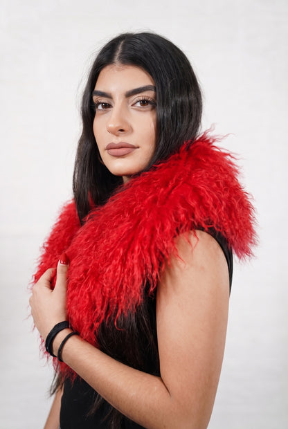 Mongolian Sheepskin Collar Red — Curly Lamb Fur three-quarter view over the shoulder, volume of the vivid scarlet red Mongolian lamb curls around the neck — handmade in Greece, TatiFurs