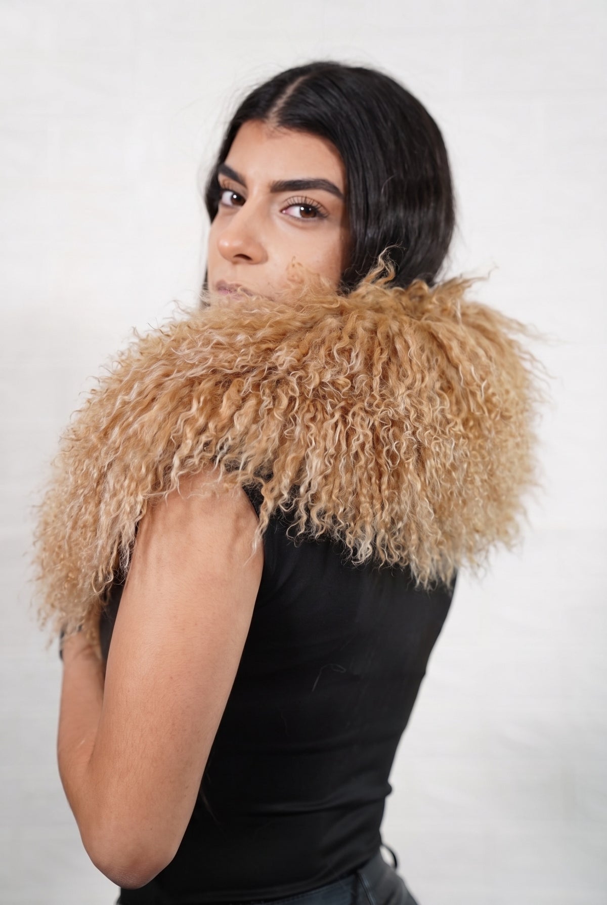 Mongolian Sheepskin Collar Camel — Curly Lamb Fur seen from behind, warm natural camel curly sheepskin wrapped high around the neck and shoulders — TatiFurs