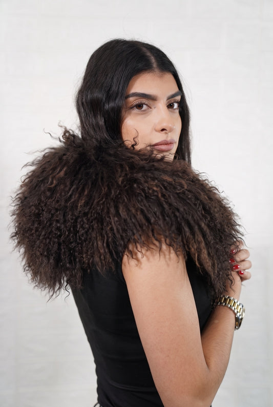 Mongolian Sheepskin Collar Dark Brown — Curly Lamb Fur side view showing the length of the deep chocolate brown Mongolian sheepskin collar over the shoulder — Greek craftsmanship, TatiFurs