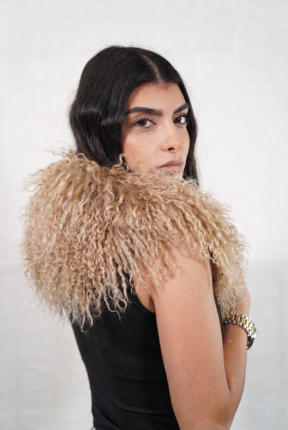 Mongolian Sheepskin Collar Light Brown — Curly Lamb Fur side view showing the length of the milky caramel light brown Mongolian sheepskin collar over the shoulder — Greek craftsmanship, TatiFurs