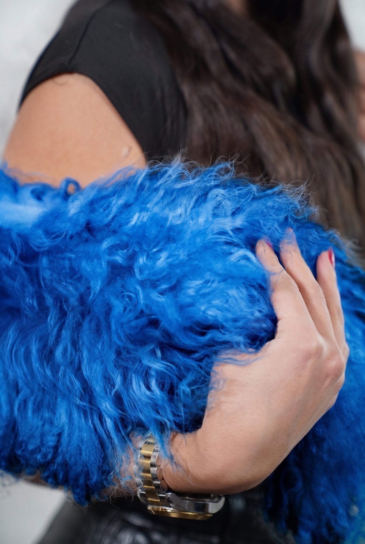 Mongolian Sheepskin Collar Blue — Curly Lamb Fur close-up of the dense rich cobalt blue Tibetan lamb curls held in the hand — TatiFurs