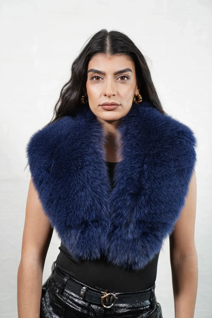 Fox fur collar blue shown flat displaying full collar length 55cm each side and 14cm diameter full skin blue fox — Greek craftsmanship, TatiFurs
