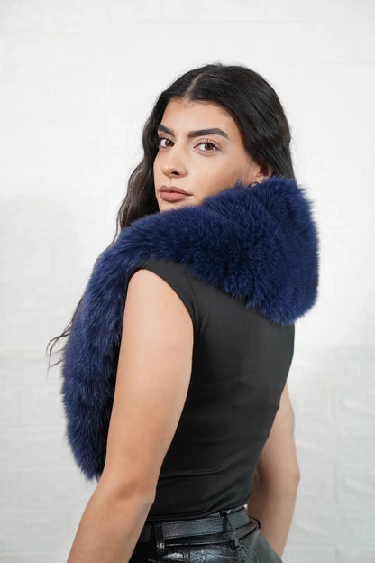 Fox fur collar blue secure clasp detail showing clean clasp closure on full skin luminous blue fox fur collar — Greek craftsmanship, TatiFurs
