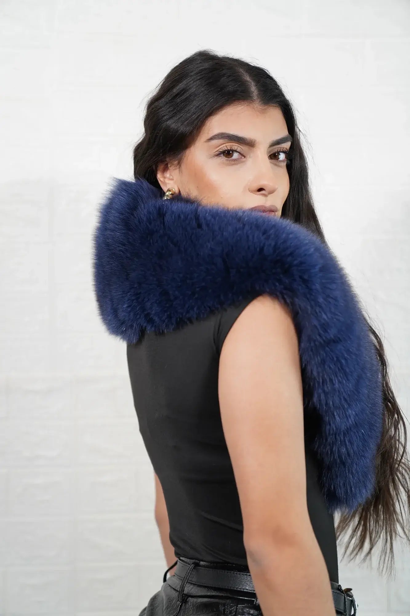 Fox fur collar blue worn as scarf showing full skin blue fox fur wrapped and draped with cool luminous depth — Greek craftsmanship, TatiFurs
