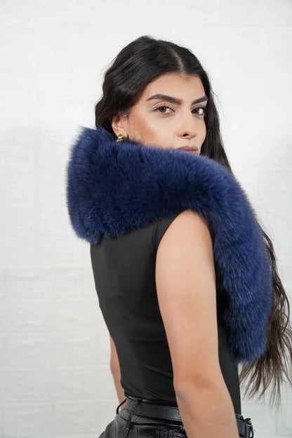 Fox fur collar blue worn as scarf showing full skin blue fox fur wrapped and draped with cool luminous depth — Greek craftsmanship, TatiFurs

