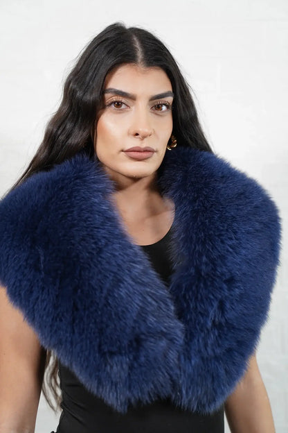 Fox fur collar blue detachable full skin women — front view worn as collar, TatiFurs
