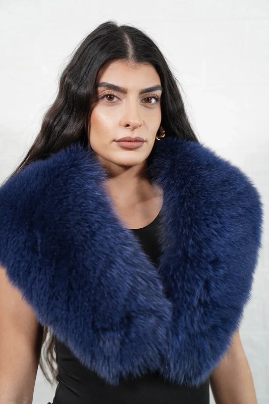 Fox fur collar blue detachable full skin women — front view worn as collar, TatiFurs
