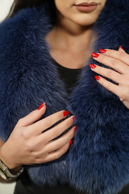 Fox fur collar blue close-up texture showing full skin blue fox pile depth and cool consistent luminous blue tone — Greek craftsmanship, TatiFurs
