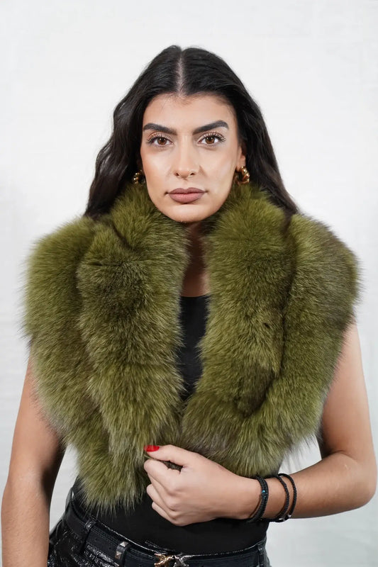 Fox fur collar green detachable full skin women — front view worn as collar, TatiFurs
