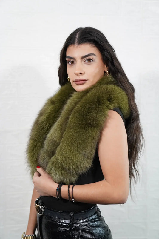 Fox fur collar green displaying rich forest green full skin fox fur worn as detachable collar — Greek craftsmanship, TatiFurs
