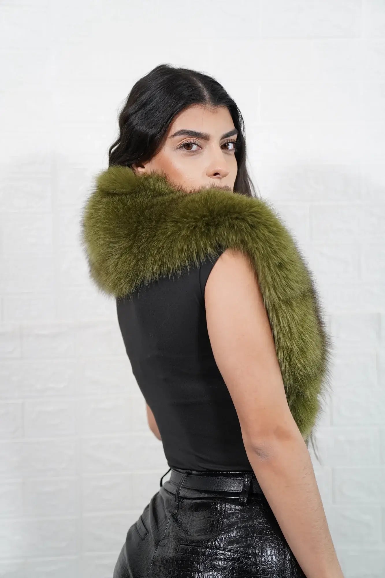 Fox fur collar green close-up texture showing full skin green fox pile depth and rich consistent forest green tone — Greek craftsmanship, TatiFurs

