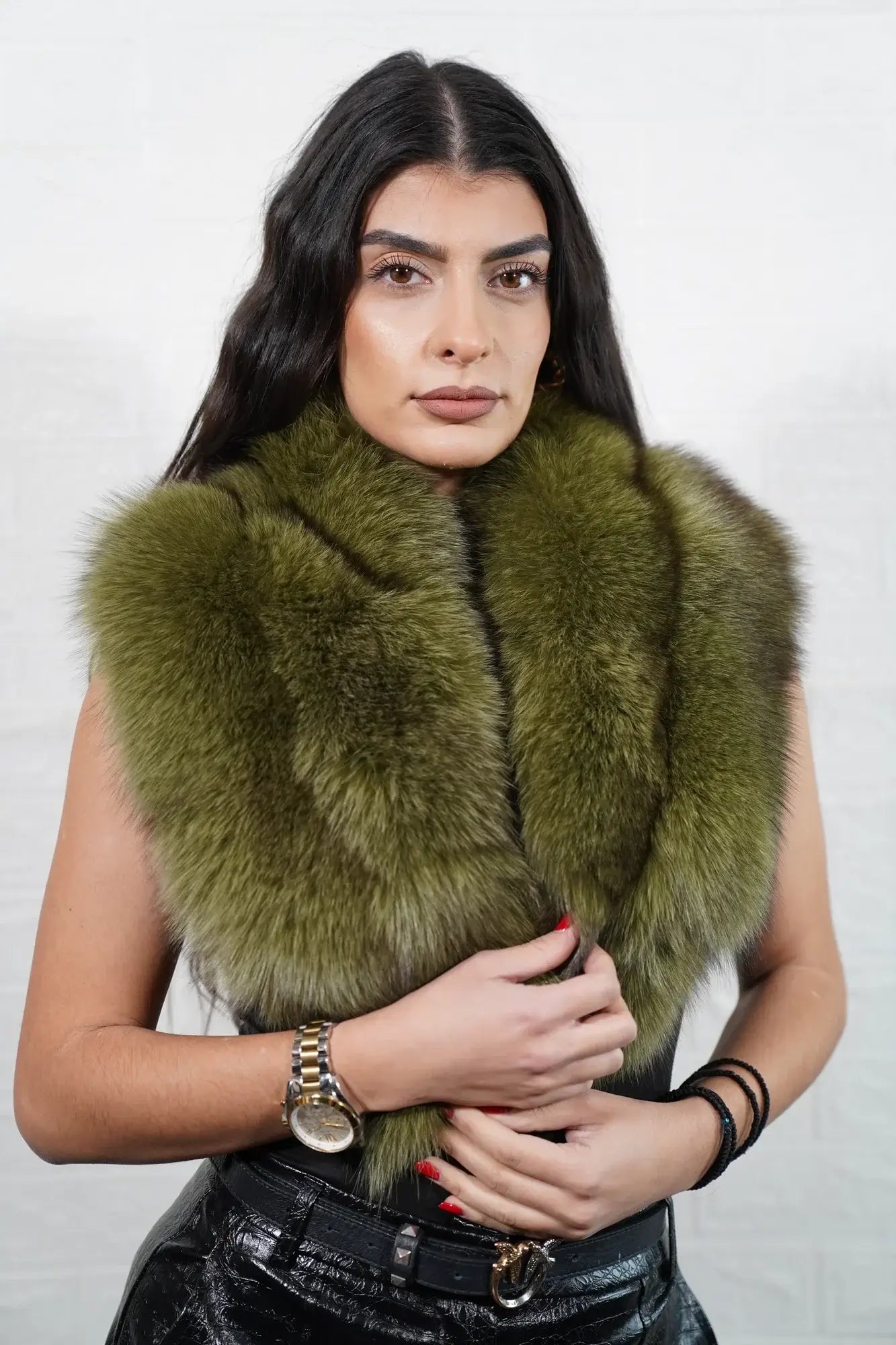 Fox fur collar green shown flat displaying full collar length 55cm each side and 14cm diameter full skin green fox — Greek craftsmanship, TatiFurs
