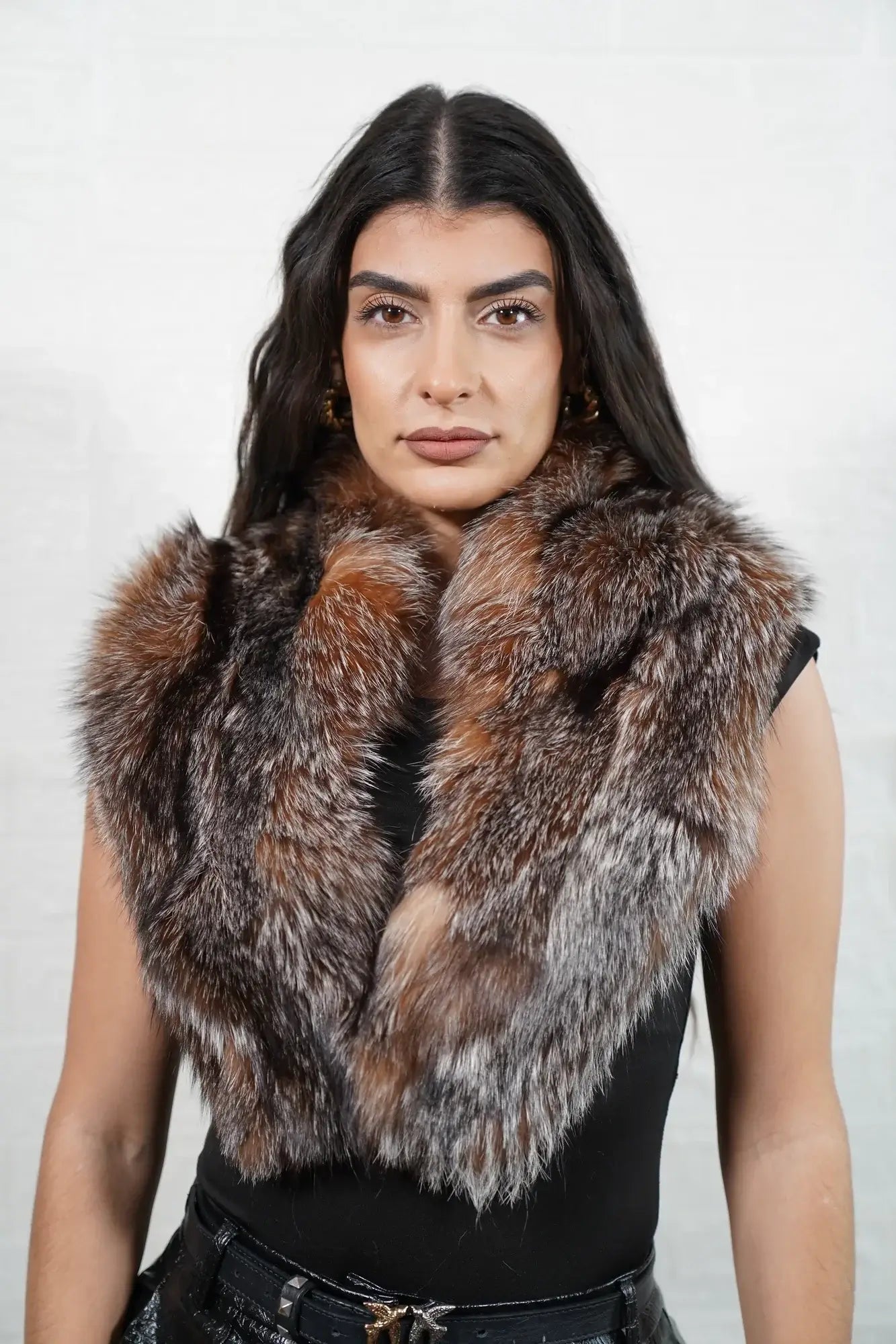 Fox fur collar crystal detachable full skin women — front view worn as collar, TatiFurs
